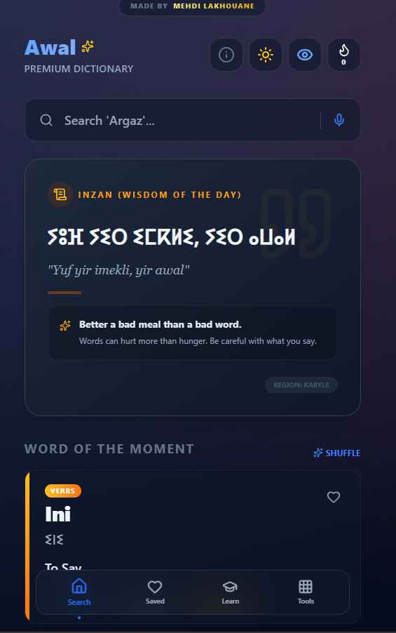 Awal Dictionary App Interface